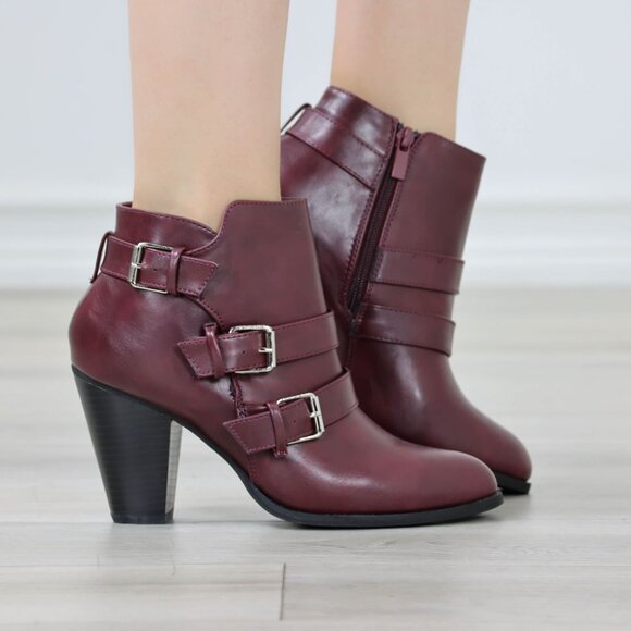 Ankle Boots Block Cone Heel Synthetic Leather Wine Almond Toe Buckles Zipper - Picture 10 of 12